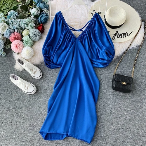 Синий OCEANLOVE Ретро однотонные тонких пластин, покрытое Vestidos Элегантные корейские туфли-лодочки, цвета: женский с пышными рукавами платье Лето v-образный вырез миди платья 12361 - Цвет: Синий