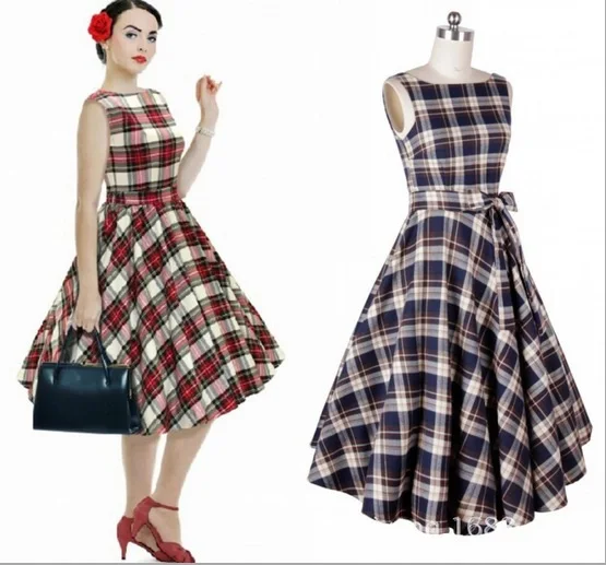 2015Retro 50s Vintage Dresses Rockabilly Swing Plaid Print Summer Ball Gown Dress Women Cotton Casual Dance | Женская одежда