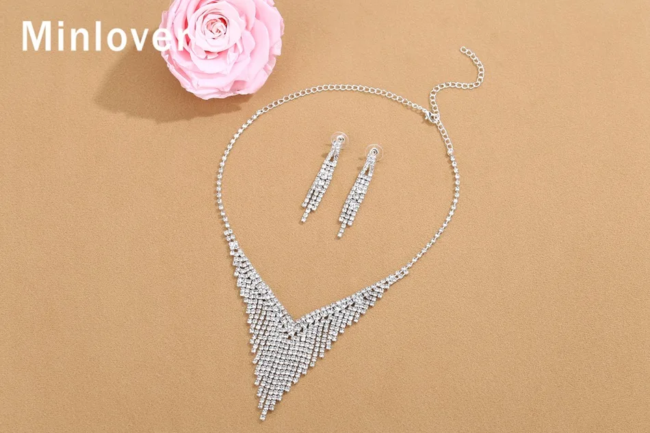 Minlover, новинка, Серебряные стразы, набор свадебных ювелирных изделий для женщин, Роскошные, для невесты, с кисточкой, ожерелье и серьги, наборы, MTL586
