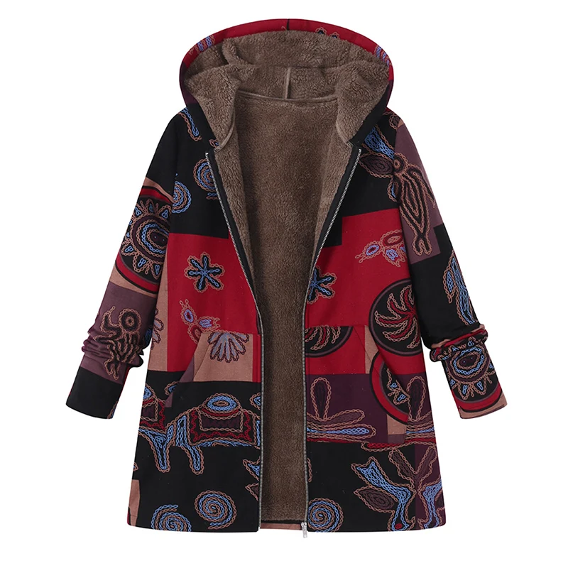 2019 Plus Size Winter Autumn Long Sleeve Basic Outerwear Women Retro Hooded Ethnic Printed Faux Fluffy Thin Coat Jackets | Женская