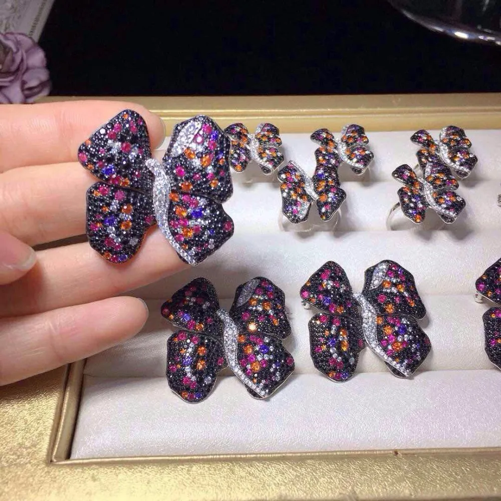 Qi Xuan_Trendy Jewelry_Multicolor Butterfly Ring_S925 однотонная Серебряная модная разноцветная бабочка