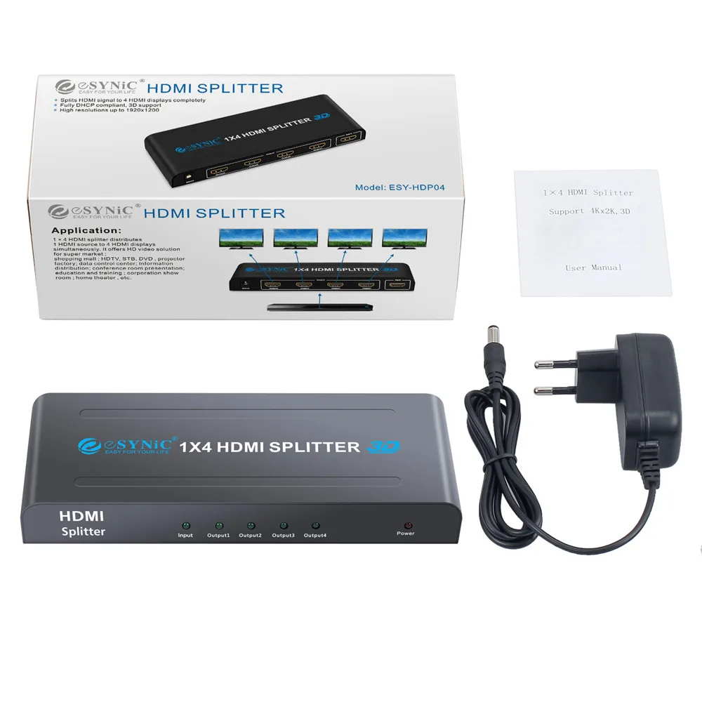 ESYNiC HDMI аудио сплиттер 1X4 1 в 4 выхода порта 1080P 3D 4KX2K Дубликатор Усилитель