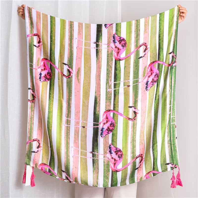 

2019 Newest Beautiful Flamingo Print Tassel Scarves Shawls Beautiful Cotton Beach Stripe Wrap Scarf Hijab Muffler Free Shipping