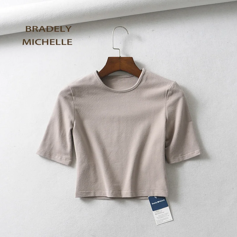 BRADELY MICHELLE женские топы Сексуальная Женская однотонная эластичная блузка из чистого хлопка с круглым вырезом и рукавом средней длины