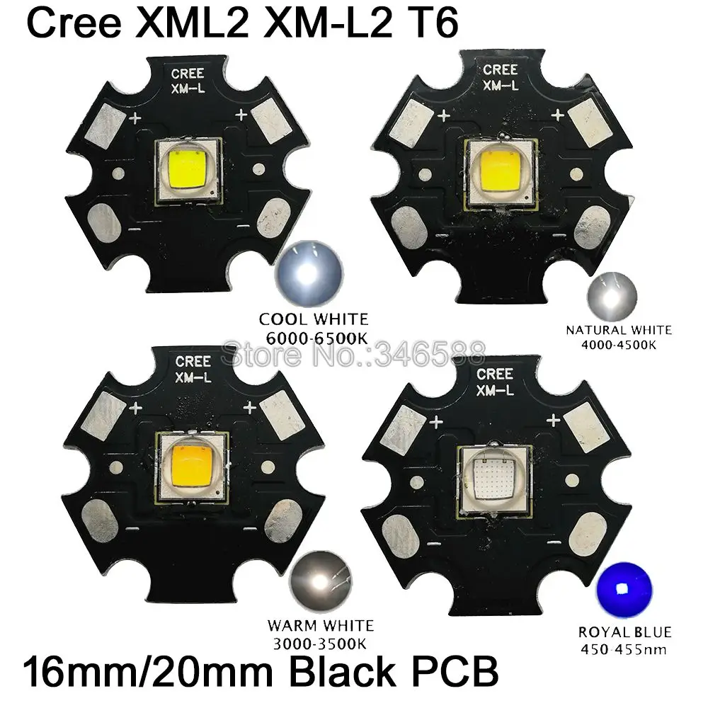 

1x Cree XLamp XML2 XM-L2 T6 Cool White Neutral White Warm White Royal Blue 10W High Power LED Emitter Bead 16mm 20mm Black PCB