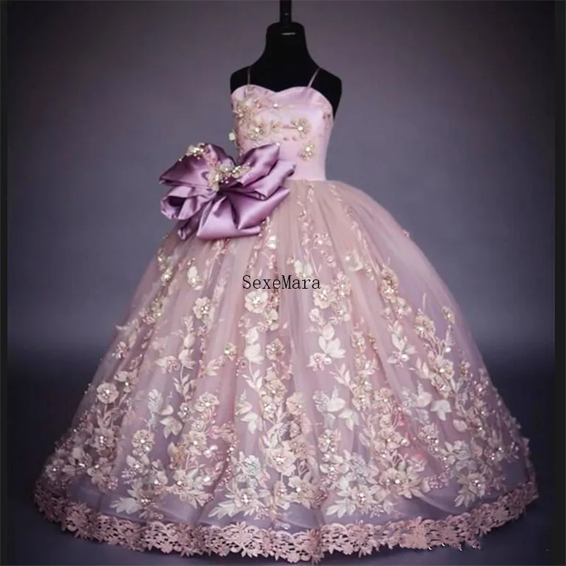 Роскошные платья с цветочным узором для девочек, с объемной цветочной аппликацией, со съемным бантом, бальное платье для дня рождения, свадьбы, Модное пышное платье