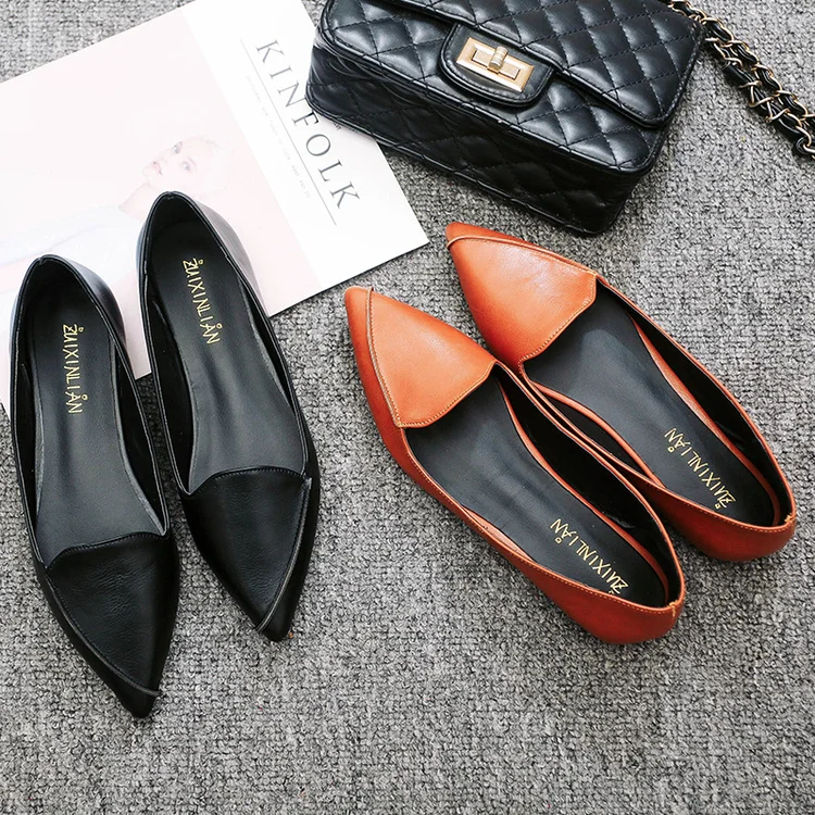 Туфли женские с острым носком балетки лоферы без застежки плоская подошва