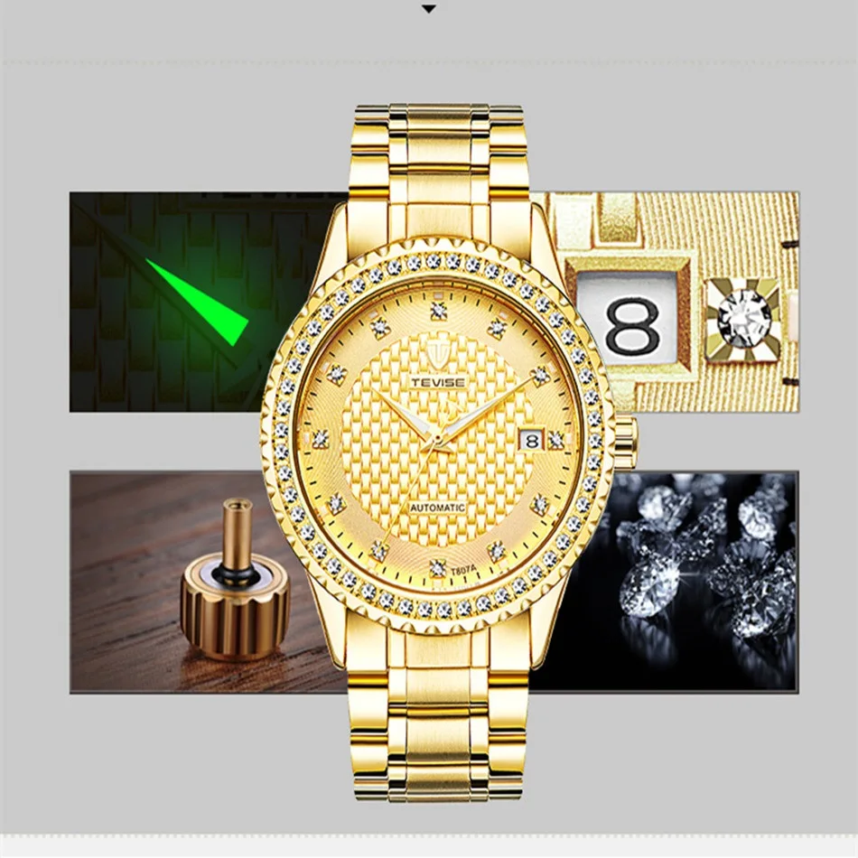 TEVISE Full Gold Clock Men Automatic Watch Luminous Stainless Steel Watchband Date Luxury Fashion New 2021 | Наручные часы