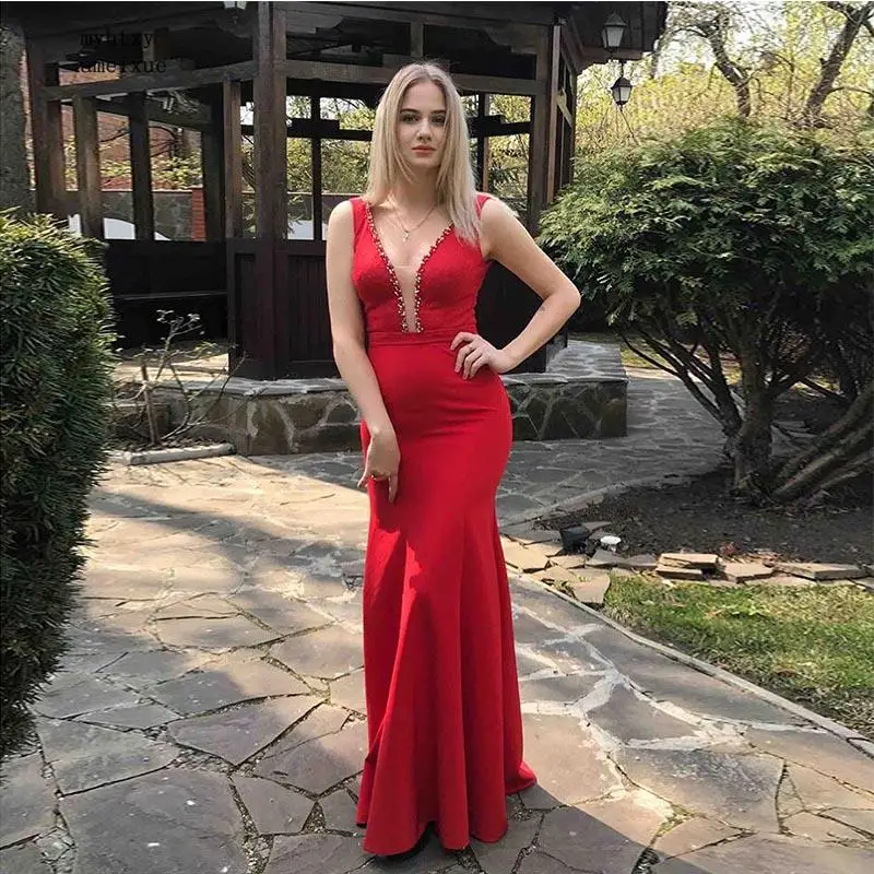 

Sexy Mermaid Long Vestido De Noite Sexy Sleeveless Full Length Red Evening Dresses Beaded Lace Women Formal Party Gowns Cheap