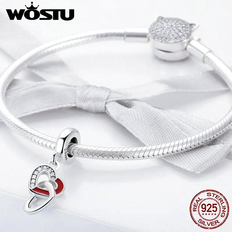 

100% 925 Sterling Silver Interlocking Love Heart Charm With Clear CZ Fit Original Bracelet Necklace Authentic Jewelry
