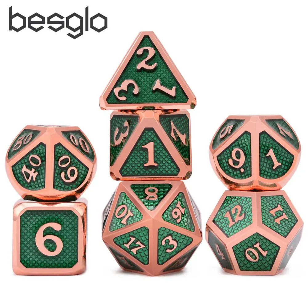 DnD металла игральная кость зеленого цвета с Медь D4 D6 D8 D10 D12 D20 7 шт./компл. с кулиской мешок для ролевых игр RPG MTG настольные игры