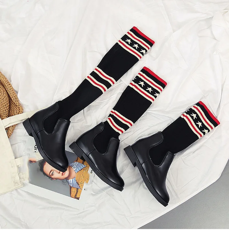 Женские сапоги выше колена Новые осенне зимние теплые из эластичной ткани модные