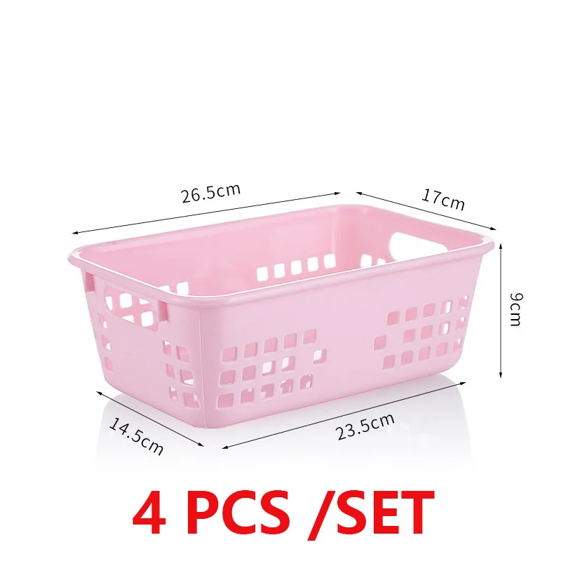 Baskets Pink 4 шт. утолщенная пластиковая кухонная корзинка для хранения фруктов прямоугольные настольные коробки для хранения файлов корзины для игрушек - Цвет: Baskets Pink