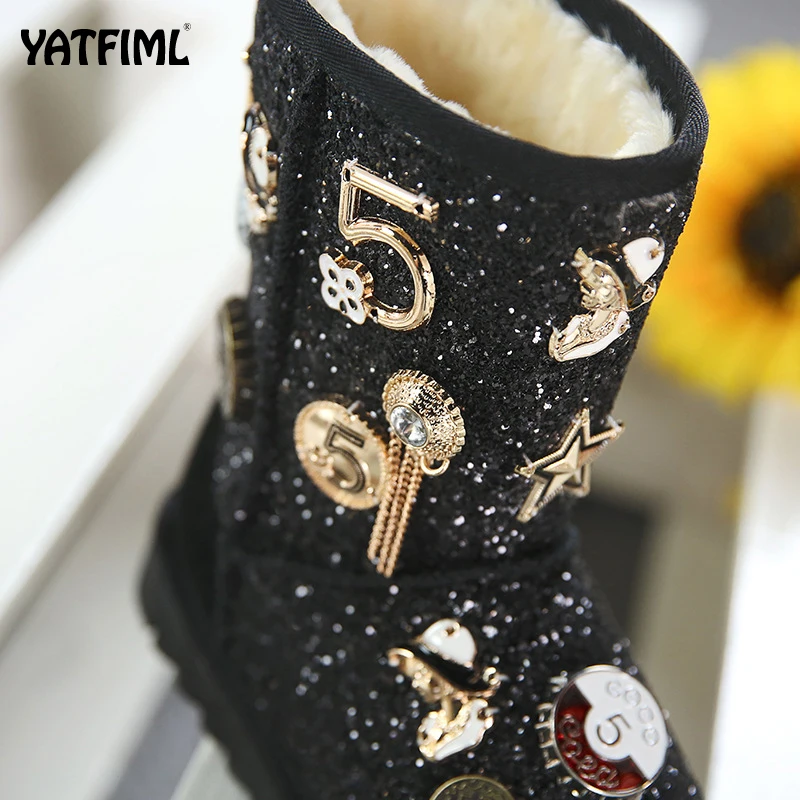 YATFIML/шикарные зимние сапоги для девочек; модельные туфли с мехом; детская обувь для маленьких девочек