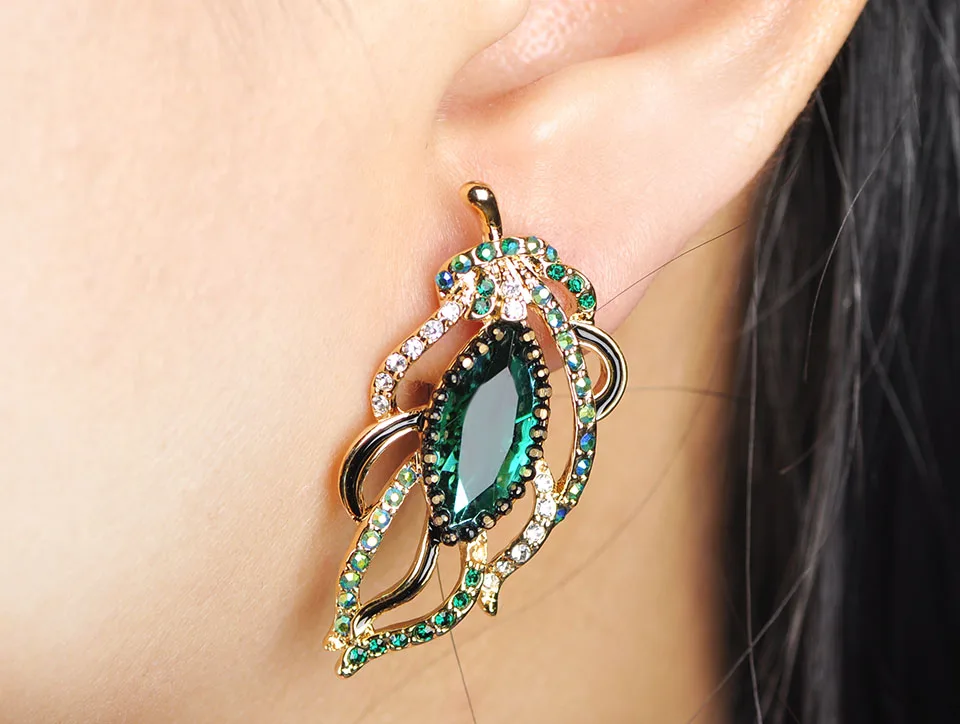 Blucome изысканные серьги-гвоздики с кристаллами и листьями из золотого сплава, женские вечерние пирсинг ушей, украшения, бижутерия