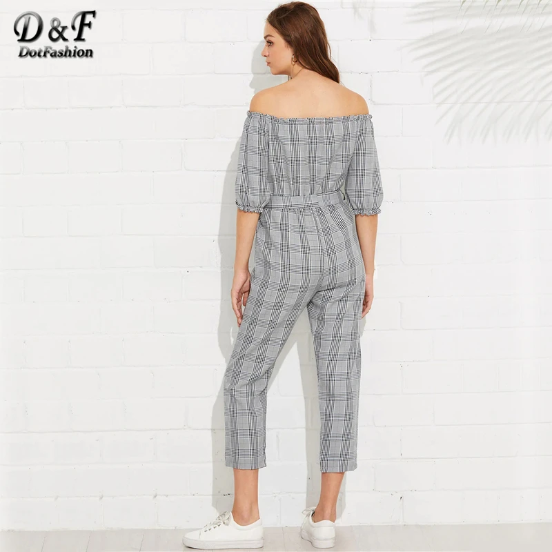 Dotfashion серые клетчатые комбинезоны с открытыми плечами и завязками на талии для женщин элегантные комбинезоны весенний комбинезон с завышенной талией