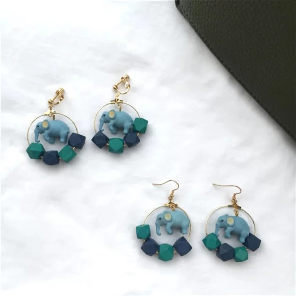 New Sweet Romantic Cartoon Blue Elephant Square Circle Earrings Fashion Jewelry For Women Gift Wholesale Accessories Femme | Украшения и