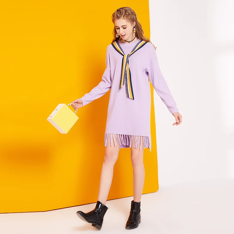 2017 осеннее Новое Женское фиолетовое платье с длинными рукавами свободное зимнее