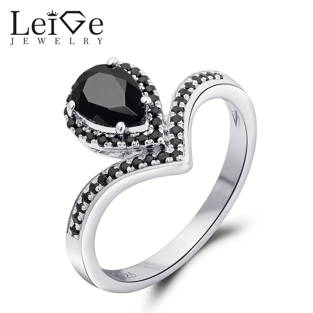 

Leige Jewelry Natural Black Spinel Ring Pear Cut 925 Sterling Silver Ring Wedding Engagement Women Ring Anniversary Gift