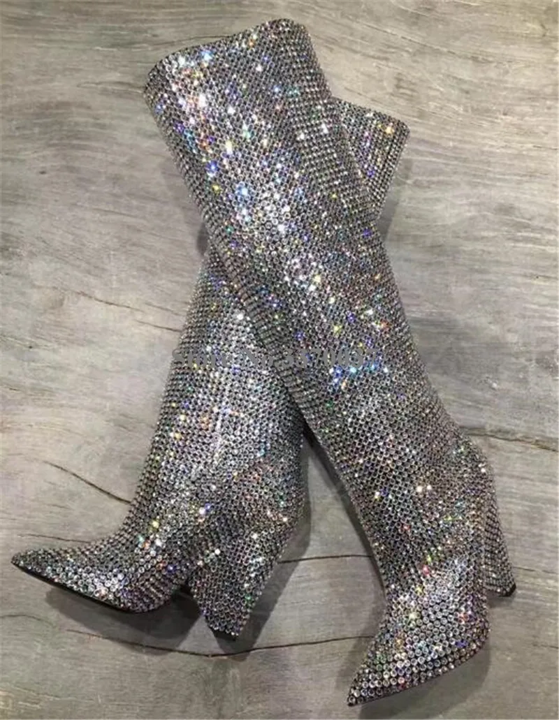 Дизайн Для женщин модные острый носок Bling Сапоги выше колена; сапоги со стразами с украшением в виде кристаллов длинные, с высоким каблуком; роскошные ботинки обувь на тонком каблуке