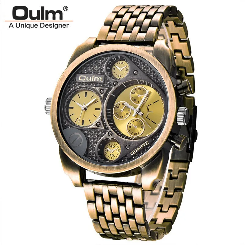 Золотой Oulm HT9316 Роскошные Брендовые Часы с двумя часовыми поясами, мужские индивидуально оформленные маленькие циферблаты, Мужские кварцевые часы большого размера, мужские часы - Цвет: Золотой