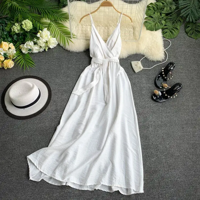 Женское длинное платье Пляжное Платье с открытой спинкой и поясом на лето