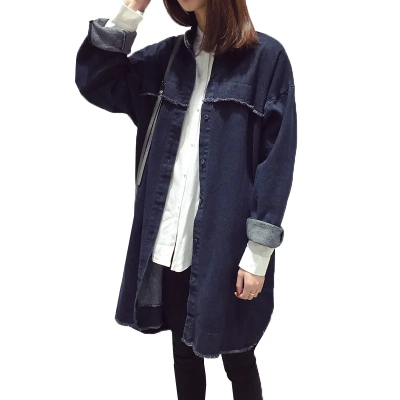 Новинка 2017 модная женская длинная джинсовая куртка весна осень BF стиль