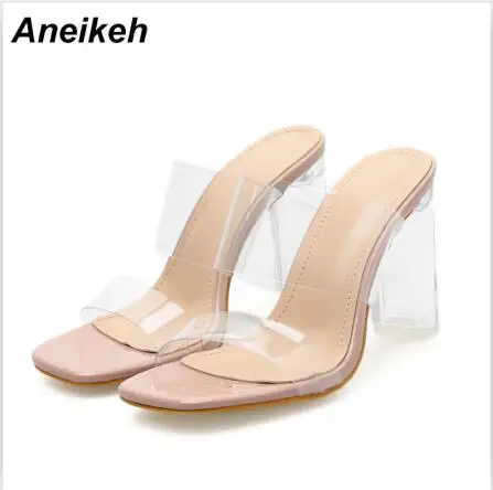 Apricot Aneikeh/ г. летние женские тапочки из ПВХ в стиле ретро прозрачная обувь на платформе с квадратным носком повседневные шлепанцы на квадратном каблуке абрикосового цвета, размеры 35-42 - Цвет: Apricot