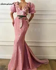 Женское вечернее платье с юбкой-годе, розовое длинное платье в мусульманском стиле с V-образным вырезом, коротким рукавом, поясом и 3D цветами, бальное платье