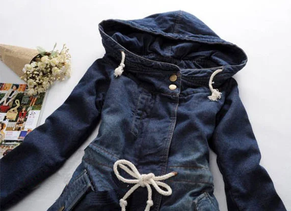 2019 Женское зимнее винтажное длинное джинсовое пальто с капюшоном теплая