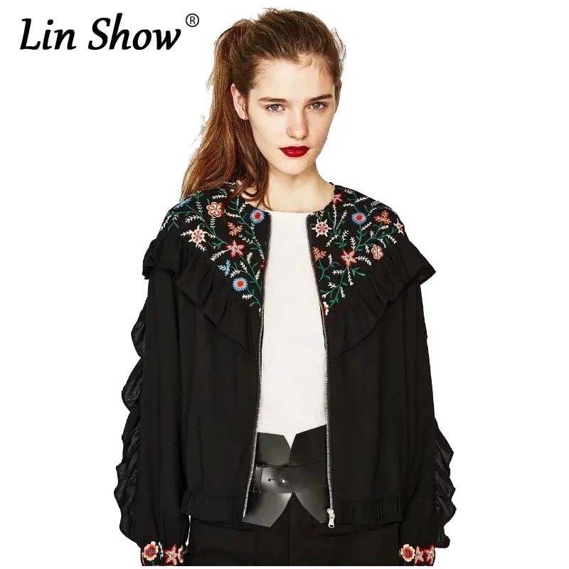 Linshow Для женщин цветочной вышивкой модная куртка с длинным рукавом листьев
