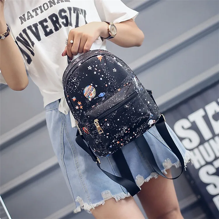 Модный женский кожаный рюкзак Mochila Escolar с принтом звездной Вселенной, школьные сумки черного цвета для девочек-подростков, маленький рюкзак