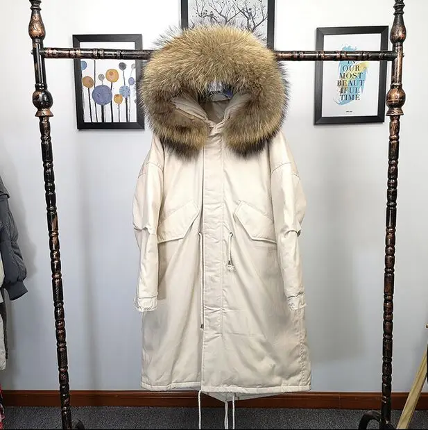 beige coat brown fur Большой натуральный мех,, высокое качество, длинная толстая теплая парка, зимняя куртка, Женское пальто, белый утиный пух, куртка, плюс размер, пальто - Цвет: beige coat brown fur