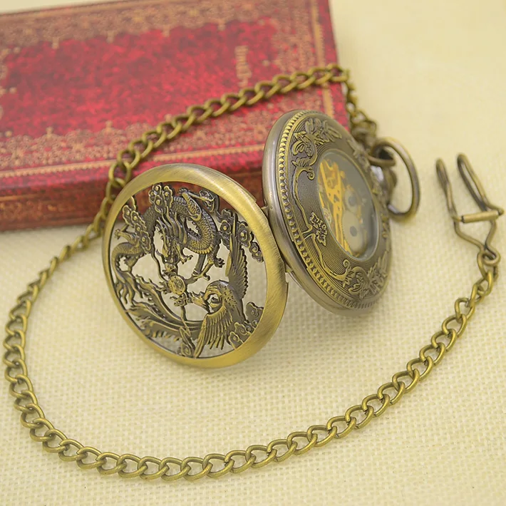 

g Wholesale Mechanical Hand Wind Pocket Watch Necklace Vintage Chinese Flying Dragon Phoenix Pendant Bronze Cable Gift Watches