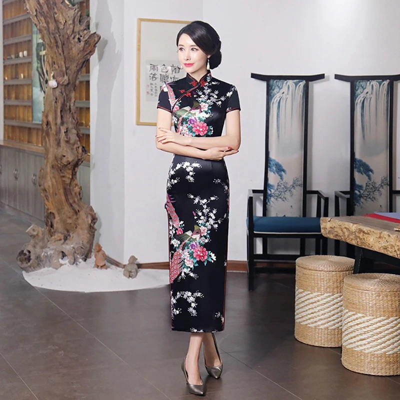 

Women Ordinary Qipao Satin Cheongsam Chinese Traditional Dress Short Sleeve Faux Silk long Chinese Dress Chinese Wedding Dress