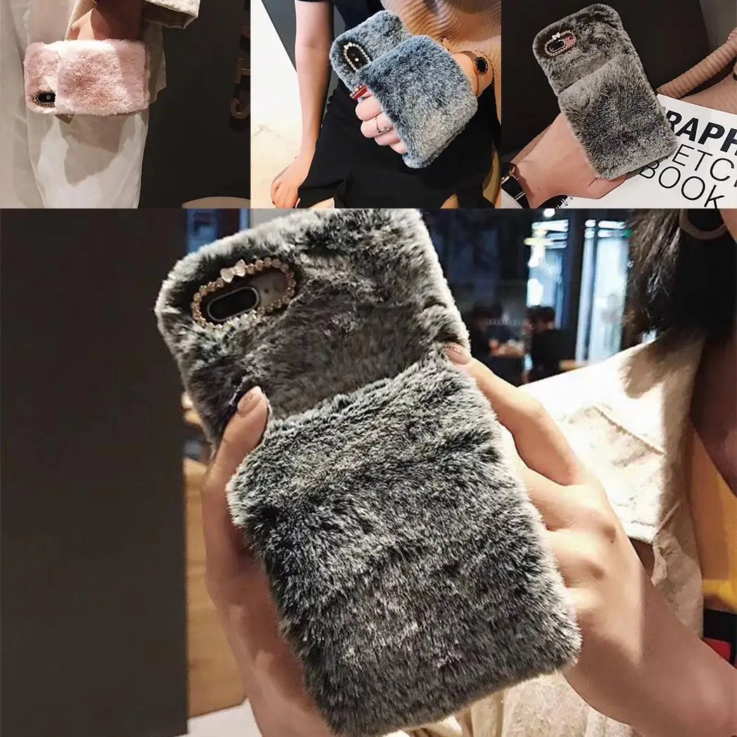 Soft TPU Rhinestone Faux Fur Phone Case Back Cover For Easy install and take off. Anywhere You Need iPhone |