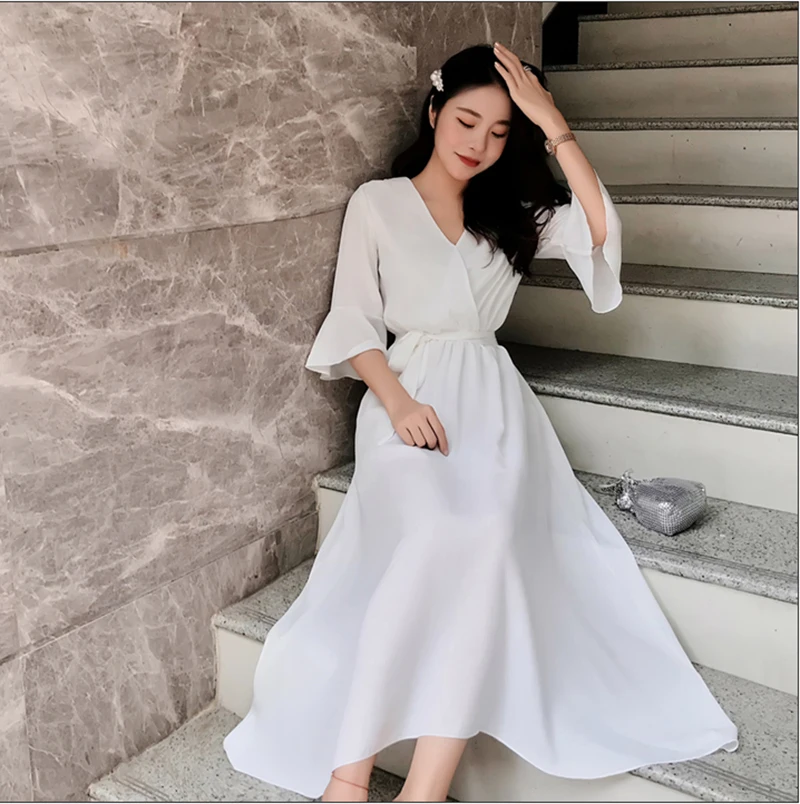 

S-4XL Fashion V-neck Long Dresses Vintage Half Sleeve Lace Up Woman Dress Plus Size Party Dress Large Size 4XL Woman Clothing