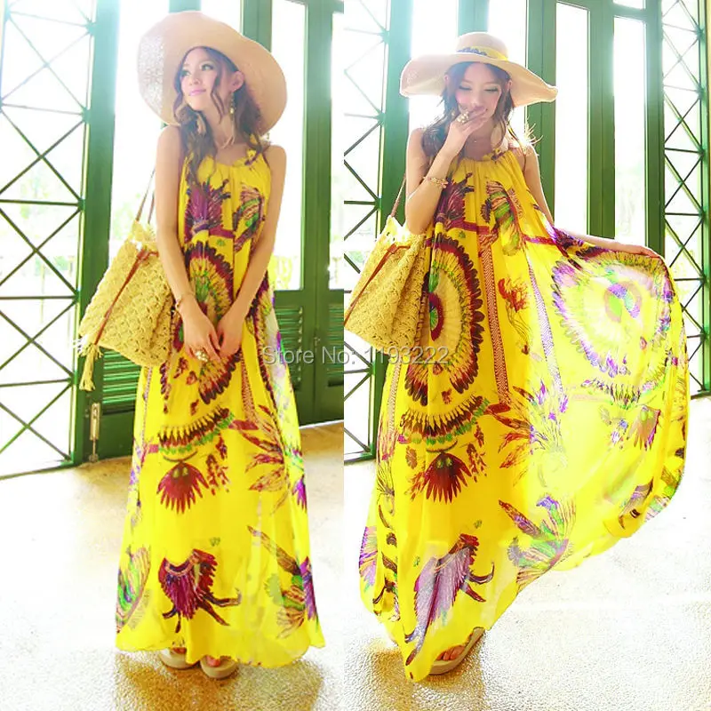 Womne Summer Fashion Retro Ruffle Neck Sleeveless Boho Chiffon Floral Pleated Loose Belted Party Big Hem Long Maxi Dress | Женская