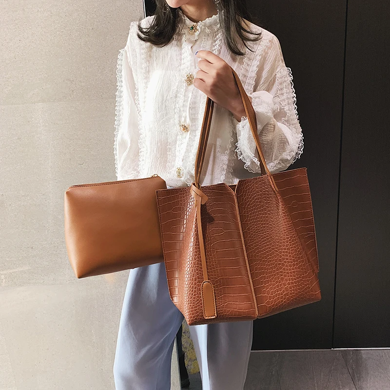 

2 Pcs Female Big Shoulder Bag New High Quality Leather Fashion With Handbag Ladies Casual Tote Bags Sac A Main Solid Tote Bag