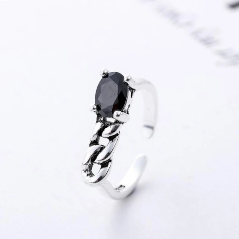 

Sole Memory Retro Thai Silver Obsidian Chain Shape Silver Color Female Resizable Opening Rings SRI280