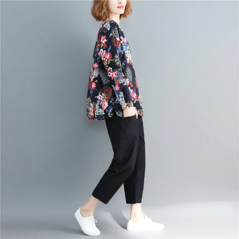 Twojstyle 2018 Autumn New Women's Cotton LinenTop Fashion Large Size Long Sleeve Round Collar Floral Printing Loose Top | Женская
