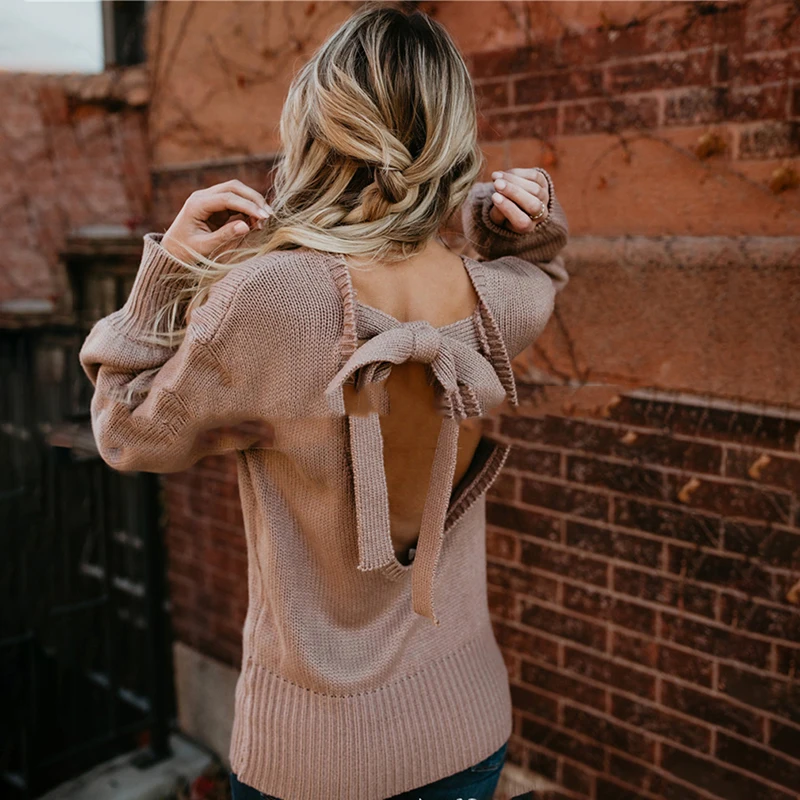 Fashion Sexy Backless Knitted Pullovers Autumn Winter Women Lace Up Bow Long Sleeve Sweaters Casual Loose Jumper Pull Femme | Женская