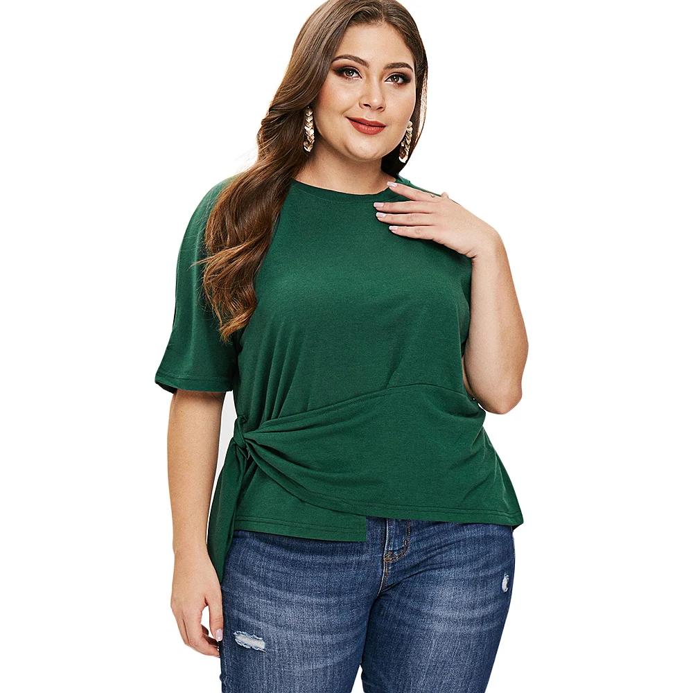 ROSEGAL Плюс Размер Женская Футболка Весна Узел Сторона Зеленая Лето О Образным