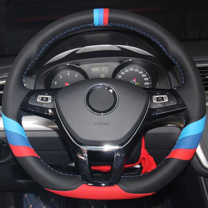Черный, красный, синий натуральный кожаный чехол на руль для Volkswagen VW Golf 7 Mk7 Polo Jetta Passat B8 Tiguan Sharan