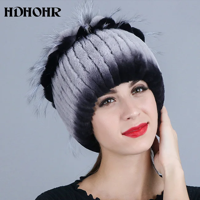 HDHOHR, хит, шапка из натурального меха, шапка из меха кролика Рекс, мех серебристой лисы, шапки бини, женские зимние толстые теплые головные уборы, теплые шапки - Цвет: Лаванда