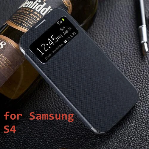 Кожаный чехол S4 с откидной крышкой для Samsung Galaxy I9500 9500 окошком просмотра