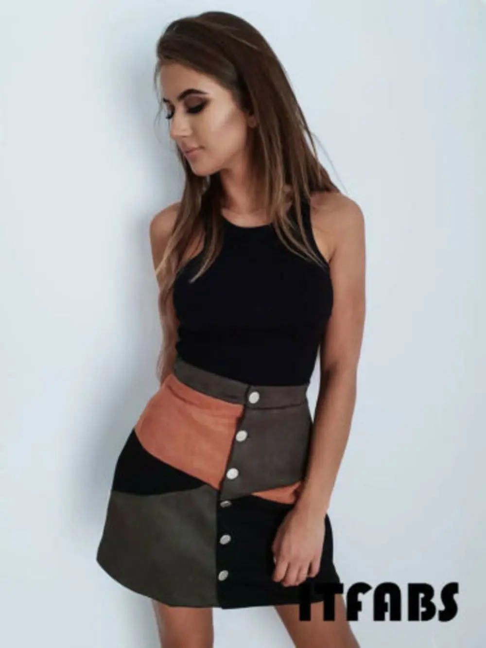 

Women High Waist Suede Button Short Mini Skirts A-line Mini Skirt