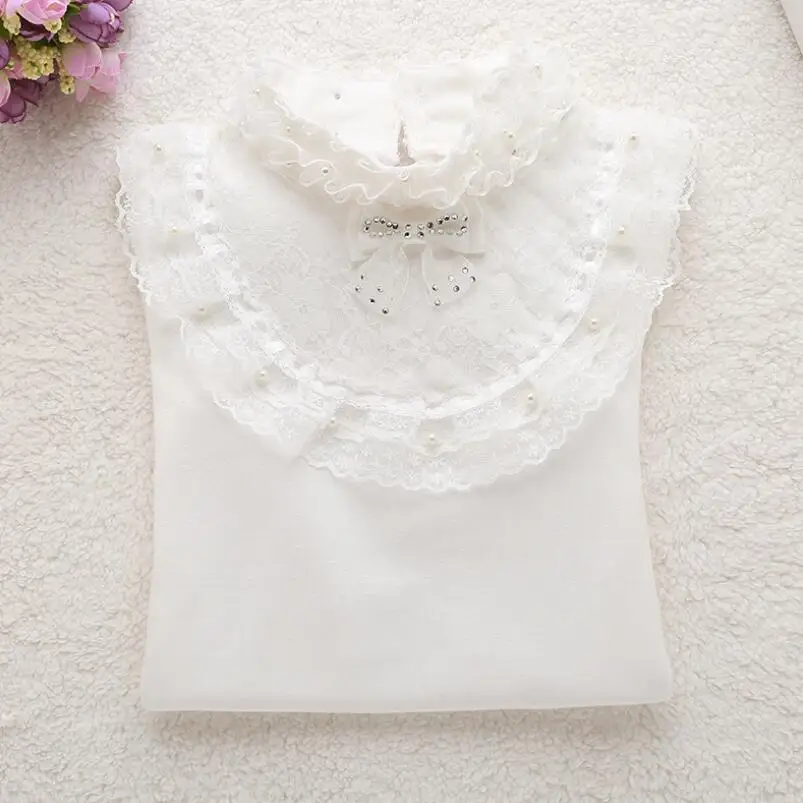 14 lace bow white Осенняя белая блузка для девочек, рубашки кружевные топы для девочек-подростков, детская хлопковая рубашка с длинными рукавами одежда для детей 6, 8, 10, 12 лет - Цвет: 14 lace bow white