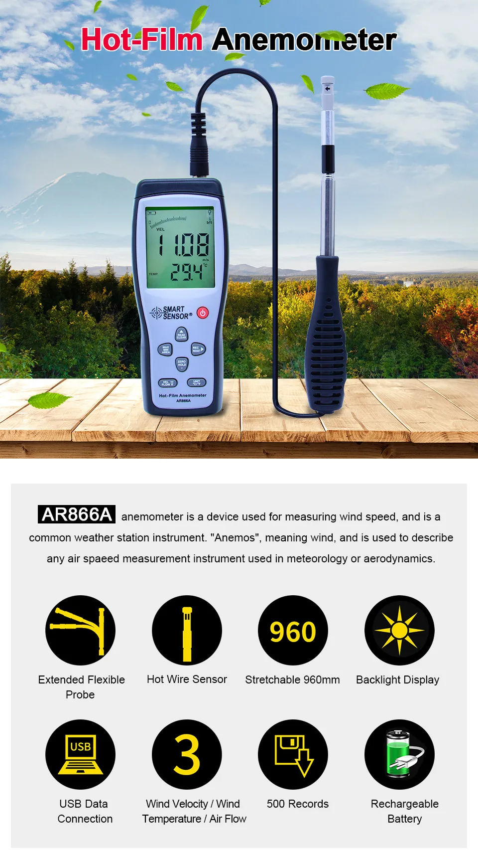 AR866A 0,0-30 м/с горячий провод термо-анемометр Поток воздуха измеритель скорости 0~ 9999 м3/мин тепловой Анемометр измеритель скорости ветра с USB