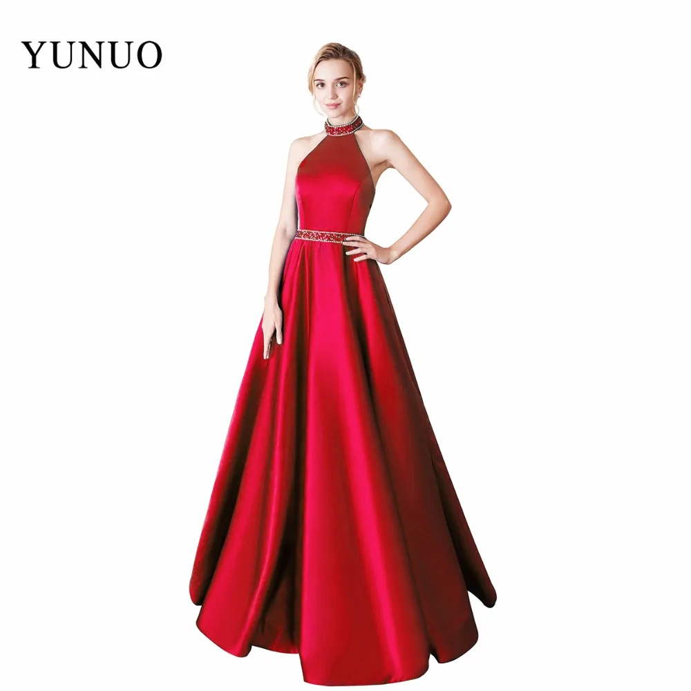 

Beauty Newest Halter Satin A Line Beaded Sequined Long Prom Dresses 2019 Sleeveless Backless Floor Length Prom Dress YN72303